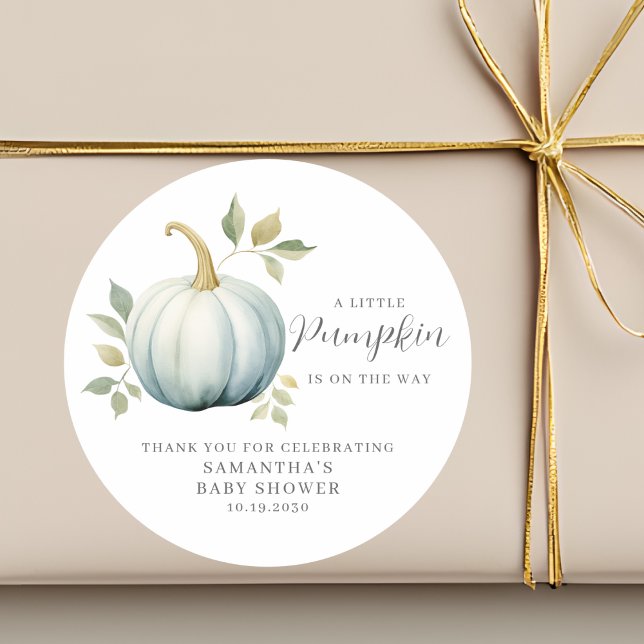 A Little Pumpkin On The Way Blue Baby Shower Classic Round Sticker (Creator Uploaded)