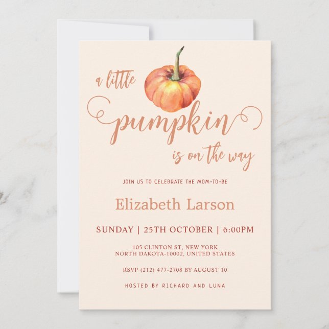 A Little Pumpkin On The Way Fall Baby Theme Shower Invitation (Front)