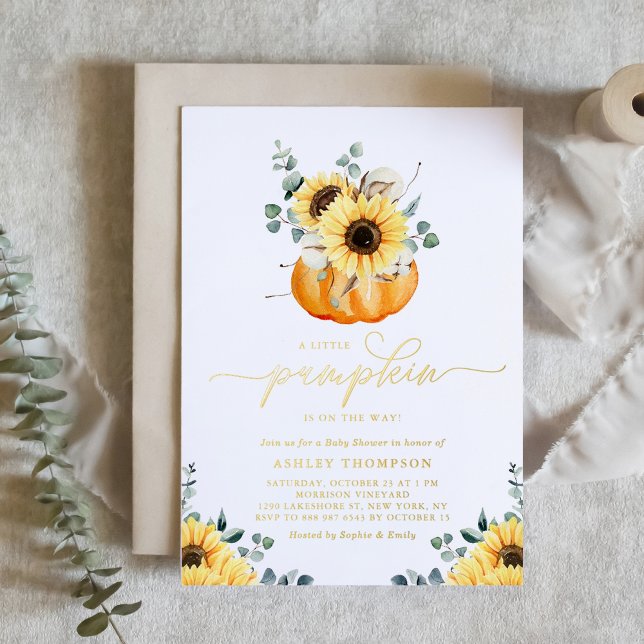 A Little Pumpkin On The Way Sunflowers Baby Shower (Customizable A Little Pumpkin On The Way Sunflowers Baby Shower Gold Foil Invitation)