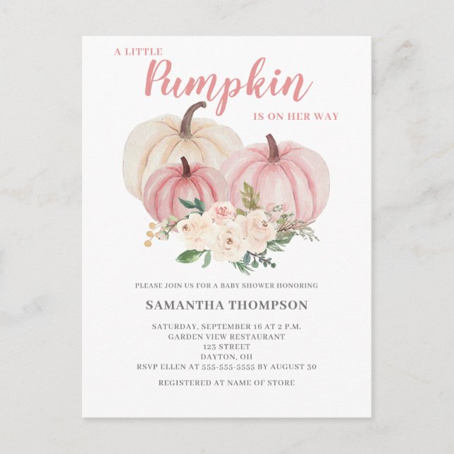 A Little Pumpkin Pink Baby Shower Invitation Postcard (Front)