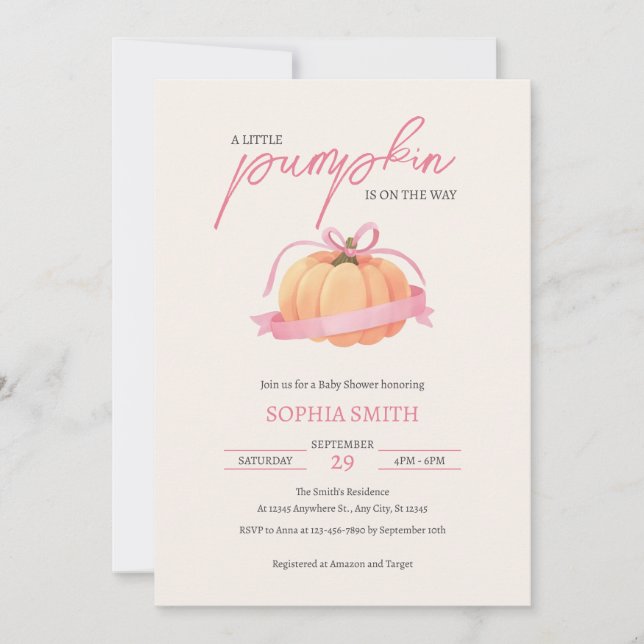 A Little Pumpkin Pink Bow Ribbon Baby Shower Invitation (Front)