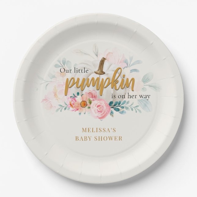 A Little Pumpkin Pink Floral Girl Baby Shower Paper Plate (Front)