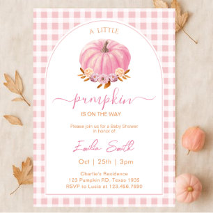 A Little Pumpkin Pink gingham Autumn Baby Shower Invitation