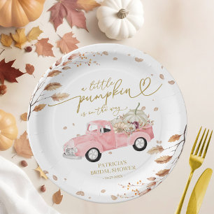A Little Pumpkin Pink Truck Fall Girl Baby Shower Paper Plate