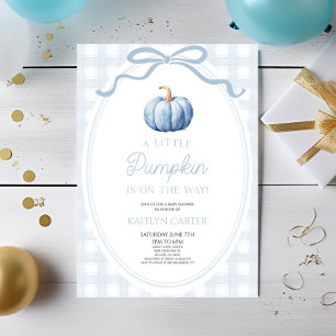 A Little Pumpkin Preppy Blue Fall Baby Shower Invitation
