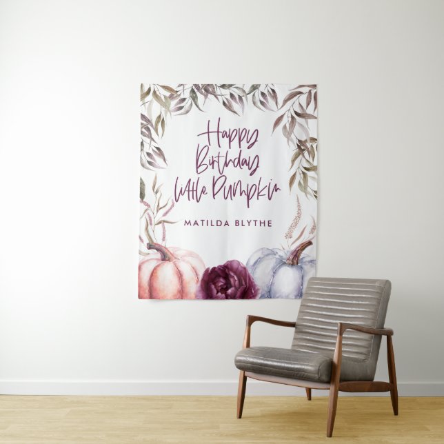 A little pumpkin purple floral fall birthday tapestry (In Situ)