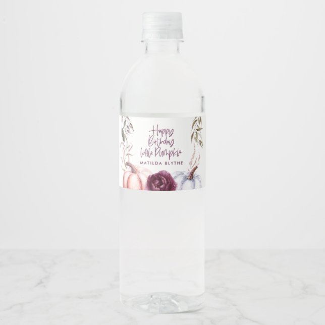 A little pumpkin purple floral fall birthday water bottle label (Front)