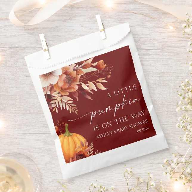 A Little Pumpkin Rusty Burgundy Floral Baby Shower Favour Bag (Clipped)