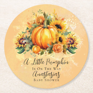 A Little Pumpkin   Sunflowers Fall Baby Shower Round Paper Coaster