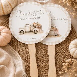 A Little Pumpkin Truck Gingam Fall Baby Shower Hand Fan