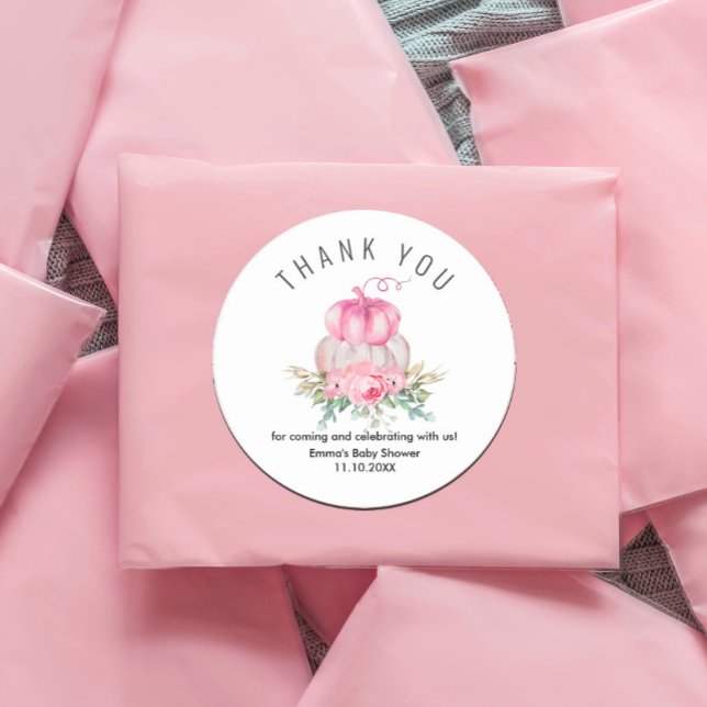 A Little Pumpkinl Baby Shower  Classic Round Sticker (#zazzlemade #pinkfall #pinkpumpkin #fallfloral #babyshower)