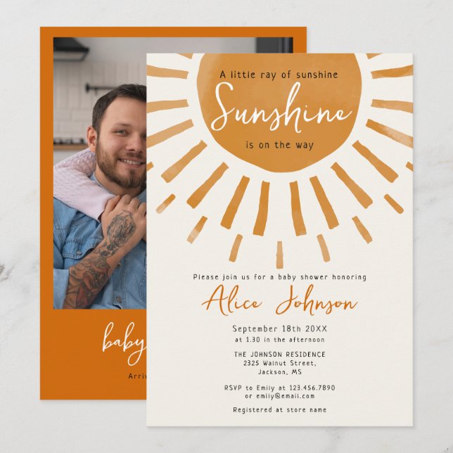 A Little Ray Of Sunshine Boho Photo Baby Shower Invitation (Front/Back)