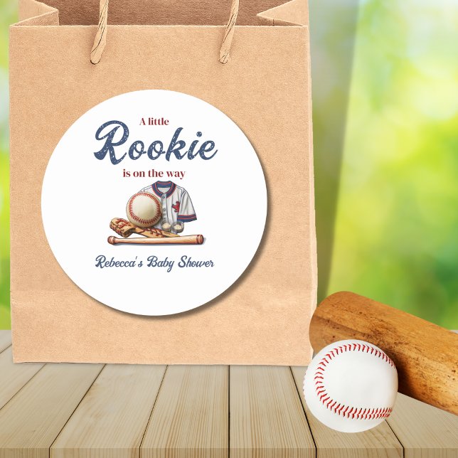 A Little Rookie on the Way - Baseball Baby Shower Classic Round Sticker (Creator Uploaded)
