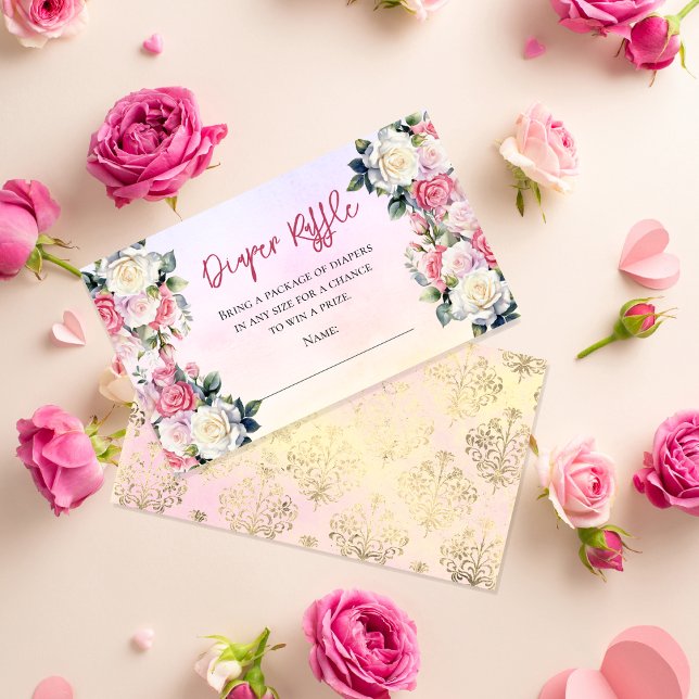 A Little Rose Floral Damask Diaper Raffle Enclosure Card (Pink Rose Bouquets Girl Baby Shower "Diaper Raffle" Insert Card -- A Little Rose Collection)