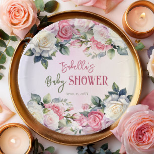 A Little Rose Floral Girl Baby Shower Paper Plate