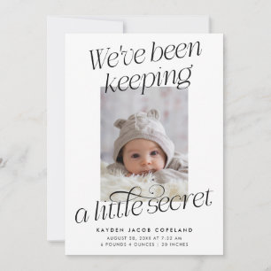 A Little Secret White Photo Modern Birth Announcement