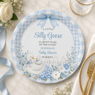 A Little Silly Goose Blue Cottagecore Baby Shower Paper Plate