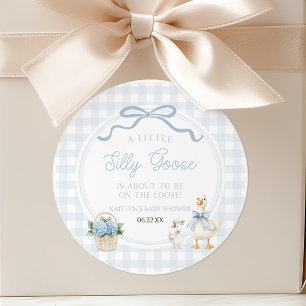 A Little Silly Goose Blue Floral Bow Baby Shower Classic Round Sticker