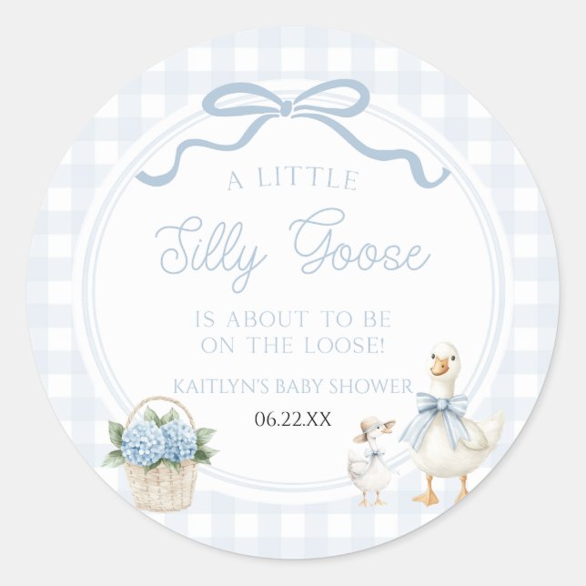A Little Silly Goose Blue Floral Bow Baby Shower Classic Round Sticker (Front)