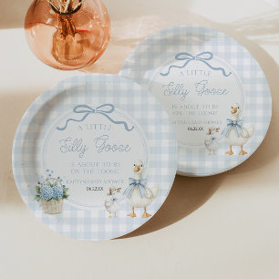 A Little Silly Goose Blue Floral Bow Baby Shower Paper Plate