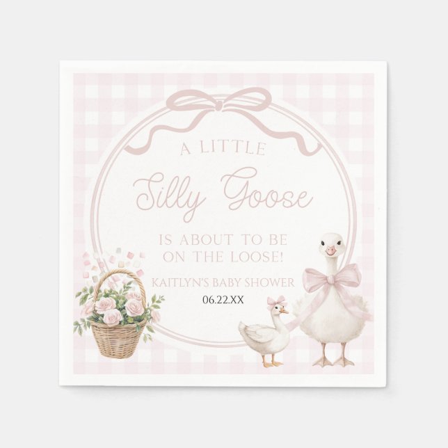 A Little Silly Goose Pink Floral Bow Baby Shower Napkin (Front)