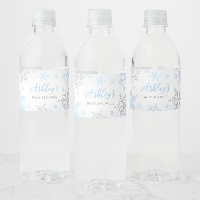 A Little Snowflake Blue Baby Shower  Water Bottle Label (Bottles)