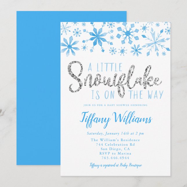 A Little Snowflake Blue Silver Baby Shower Invitation (Front/Back)
