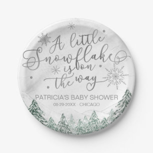 A little Snowflake Grey Baby Shower Paper Plate