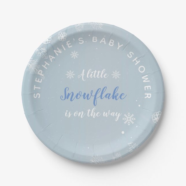 A Little Snowflake is on the way Blue Baby Shower Paper Plate (Front)
