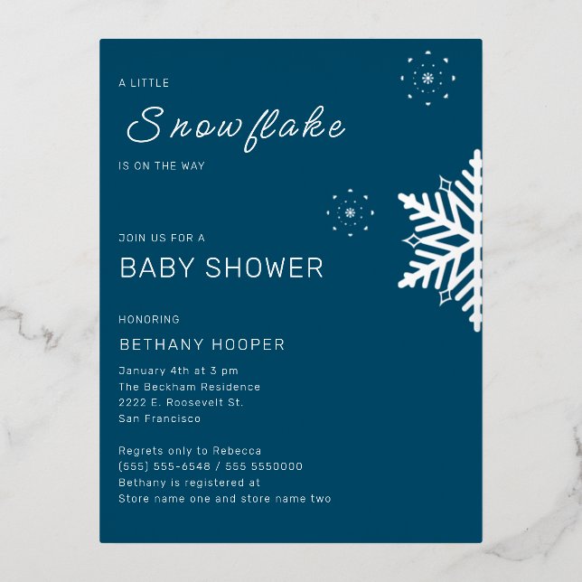 A Little Snowflake is on the Way Blue  Foil Invitation Postcard (Front)
