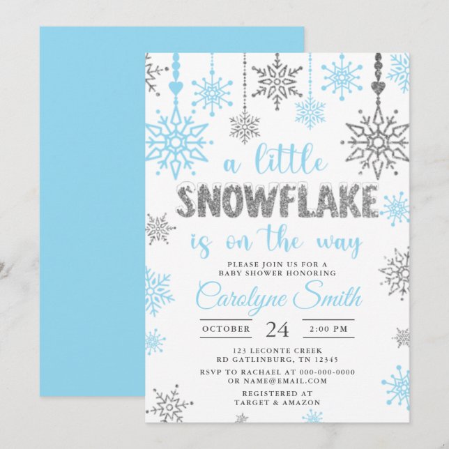 A Little Snowflake Is On The Way Boy Baby Shower I Invitation (Front/Back)