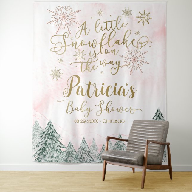 A little Snowflake Pink Baby Shower Backdrop Tapestry (In Situ)