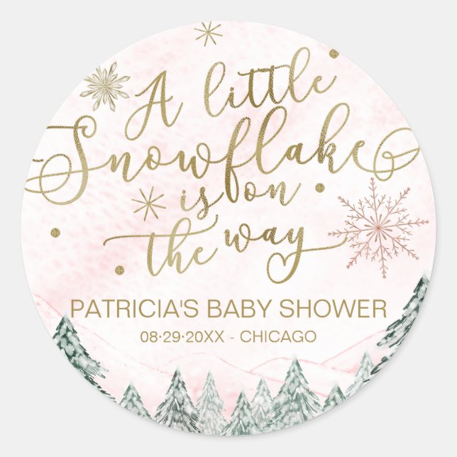 A little Snowflake Pink Baby Shower Classic Round Sticker (Front)