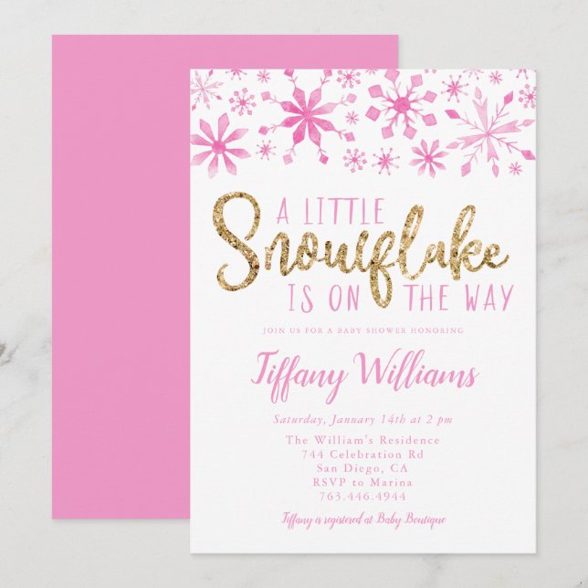 A Little Snowflake Pink Gold Baby Shower Invitation (Front/Back)