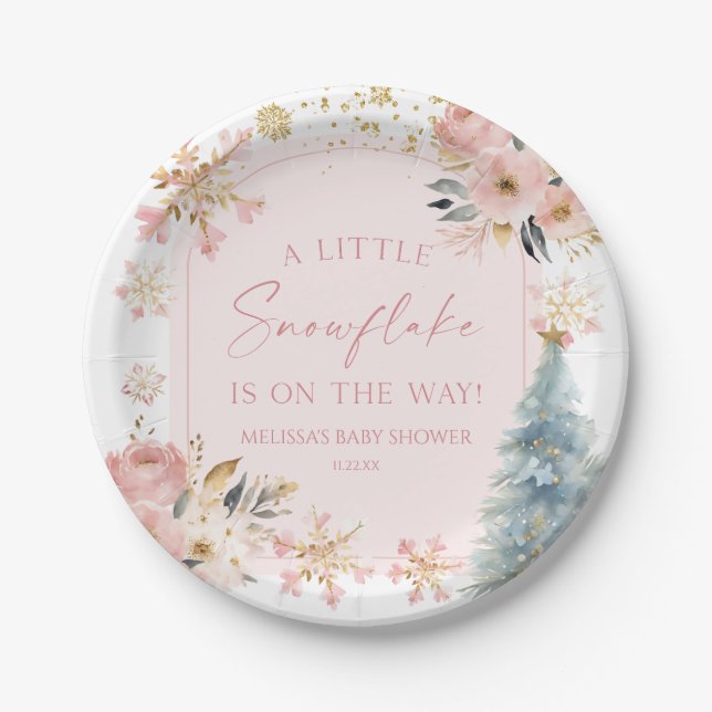 A Little Snowflake Pink Winter Baby Shower  Paper Plate (Front)