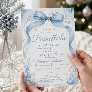 A little Snowflake Soft Blue Bow Baby Shower Invitation