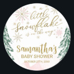 A little snowflake Winter Baby Shower Classic Round Sticker<br><div class="desc">Adorable calligraphy with snowflakes,  winter-themed baby shower sticker. Easy to personalize with your details. Check the collection to find matching items as enclosure cards.</div>