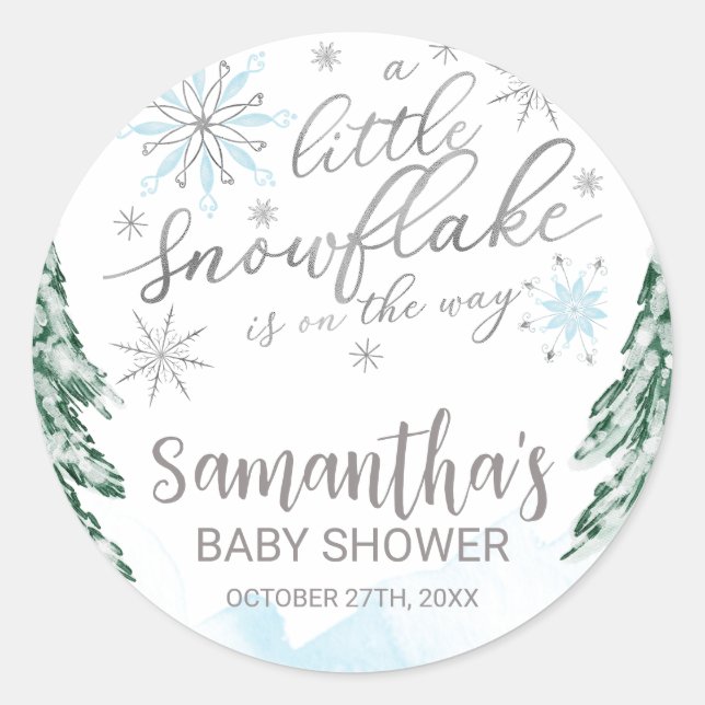 A little snowflake Winter Baby Shower Classic Round Sticker (Front)