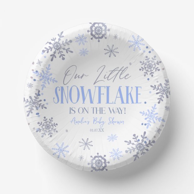 A Little Snowflake Winter Blue Baby Shower Paper Plate (Front)
