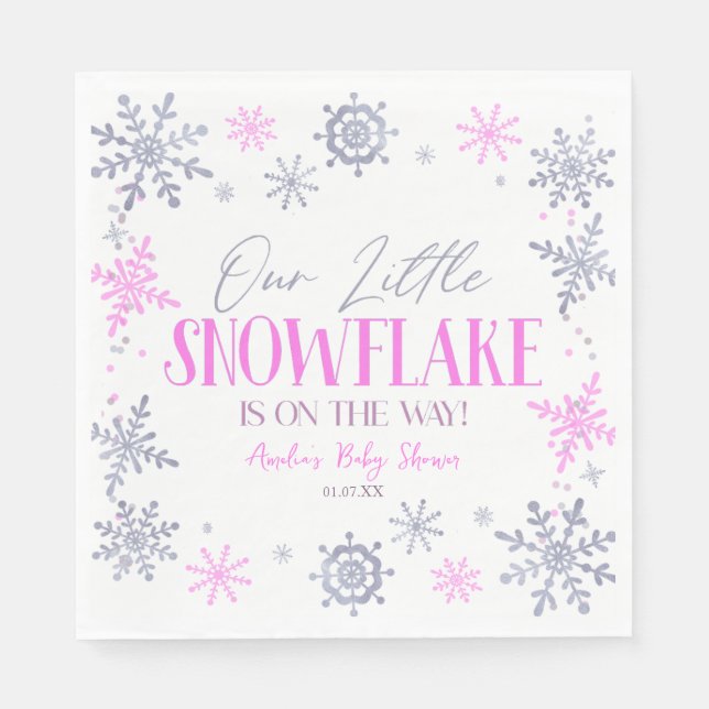 A Little Snowflake Winter Pink Baby Shower Napkin (Front)