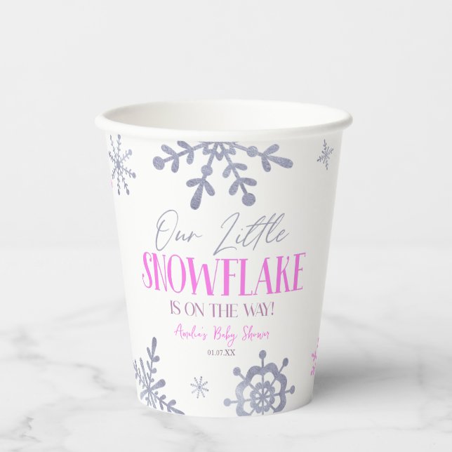 A Little Snowflake Winter Pink Baby Shower Paper Cups (Front)