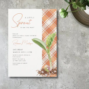 A Little Sprout Plant Orange Gingham Baby Shower Invitation