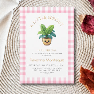 A Little Sprout Plant Pink Gingham Baby Shower Invitation