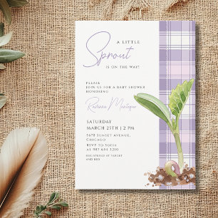 A Little Sprout Plant Purple Gingham Baby Shower Invitation