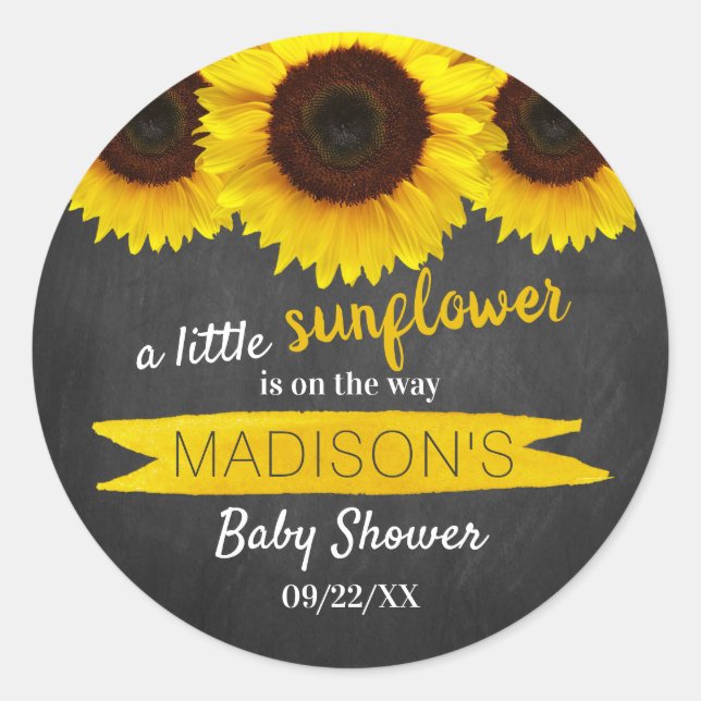 A Little Sunflower Is On The Way! Baby Shower Classic Round Sticker (Front)