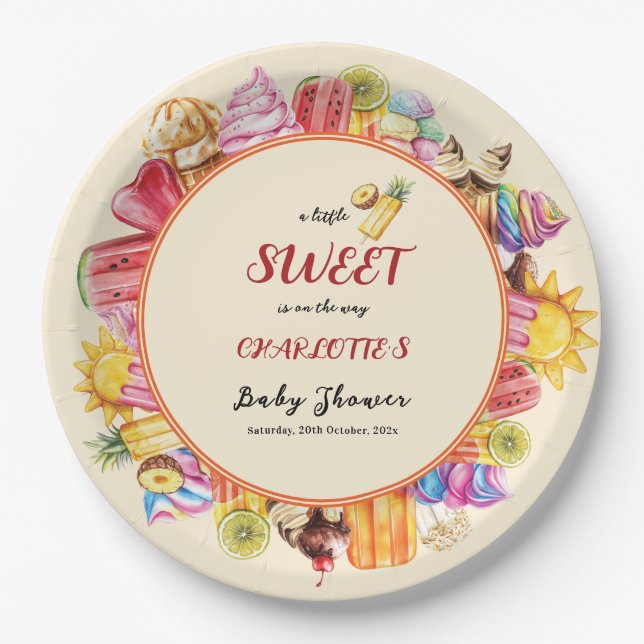A Little Sweet Is On The Way Ice Cream Baby Shower Paper Plate (Front)