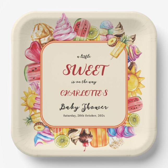 A Little Sweet Is On The Way Ice Cream Baby Shower Paper Plate (Front)