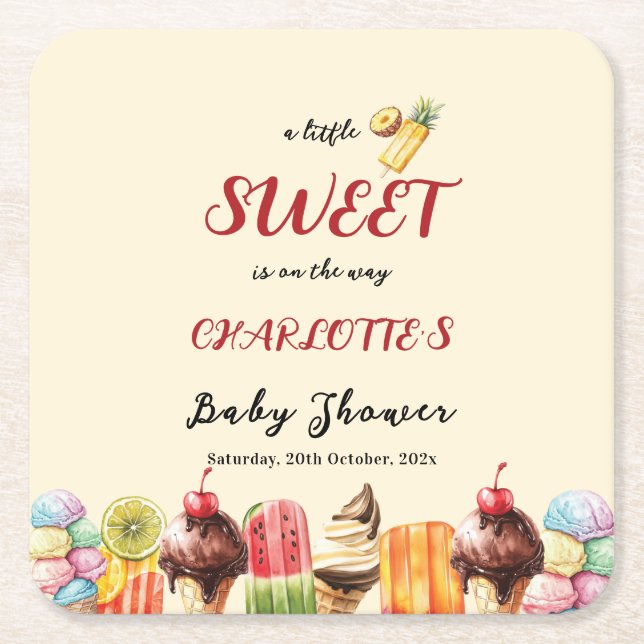 A Little Sweet Is On The Way Ice Cream Baby Shower Square Paper Coaster (Front)