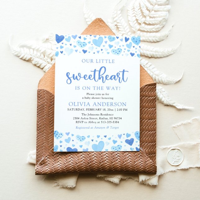 A Little Sweetheart Blue Valentine Baby Shower Invitation (Watercolor Cute A Little Sweetheart Baby Blue Boy Hearts Valentine Baby Shower Invitation)