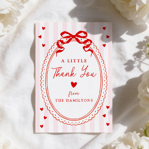 A Little Sweetheart Pink and Red Bow Baby Shower Thank You Card